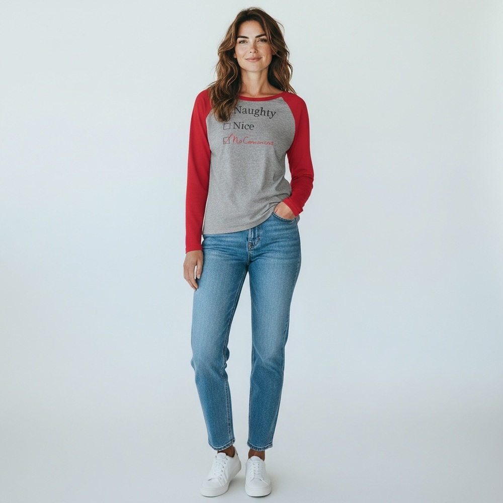 “Naughty, Nice, No Comment” Women’s Grey and Red Baseball Tee size M Christmas - Picture 5 of 12